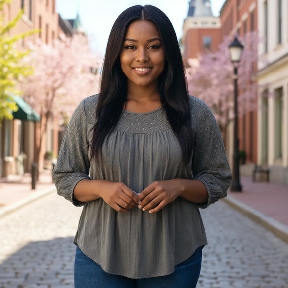 TORRID 00 0X XL Gray Washed Gauze Blouse Eyelet Detail 3/4 Sleeve R $46 - Picture 1 of 11